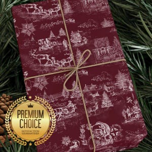 Maroon Vintage Santa Claus Toile Style Red Christmas Wrapping Paper, Burgundy and White Toile Holiday Gift Wrap for Xmas Presents