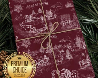 Maroon Vintage Santa Toile Christmas Wrapping Paper