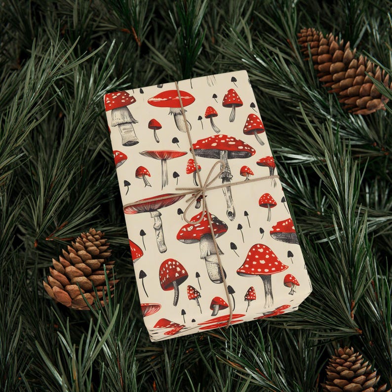 Mushroom Wrapping Paper Red Toadstool Gift Wrap Cottagecore Woodland Aesthetic Nature Themed Birthday or Holiday Gift Wrap