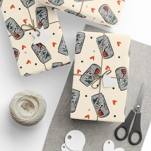 Papel de regalo Barqs Root Beer con diseño de lata de refresco. Ideal para regalos de Navidad y cumpleaños. Diseño retro pop para amantes de las bebidas.