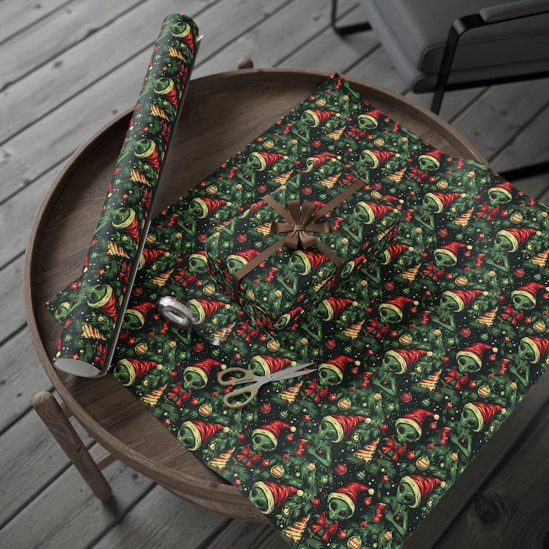 Alien Christmas Tree Wrapping Paper | Unique Sci-Fi Holiday Gift Wrap | Fun Alien Ornaments Christmas Wrapping Paper