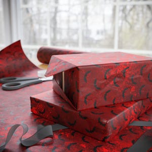 Red Bat Halloween Wrapping Paper Roll For Goth Birthday Vampire Party And Boo Baskets