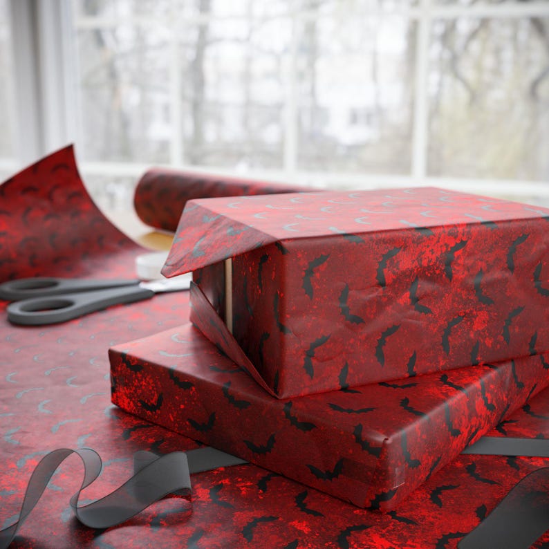 Red Bat Halloween Wrapping Paper Roll For Goth Birthday Vampire Party And Boo Baskets
