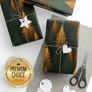 Gold, Sage Green, and Black Christmas Tree Forest Wrapping Paper Rolls, Elegant Gift Wrap, Holiday Gift Wrap, Christmas Classic Gift Wrap