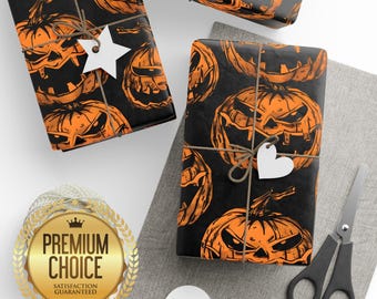 Evil Jack-O-Lantern Wrapping Paper, Creepy Halloween Gift Wrap, Spooky Pumpkins Gift Wrap, Black and Orange Halloween Wrapping Paper