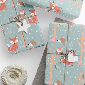 Whimsical Woodland Christmas Wrapping Paper with Foxes Owls and Hedgehogs in Snowy Forest for Cute Winter Holiday Gift Wrap