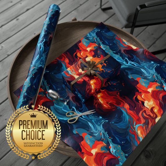 Recycled GIFT WRAPPING PAPER Roll, Luxury Fire Flames and Ice Water Glossy or Matte Finish Unique Gift Wrap