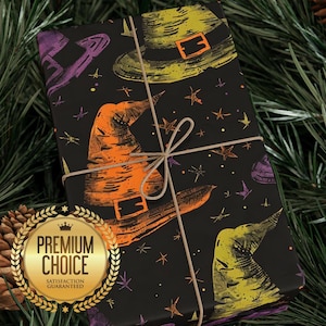 Witch Hat Gift Wrap, Witchy Wrapping Paper for Halloween, Black Orange Green Purple Spooky Hat Giftwrap