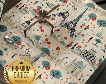 May include: Gift-wrapped present with a brown ribbon on a cream-colored wrapping paper featuring a Parisian theme. The paper has illustrations of the Eiffel Tower, trees, people, and buildings in red, blue, and brown. A gold seal with the words "Premium Choice" is visible.