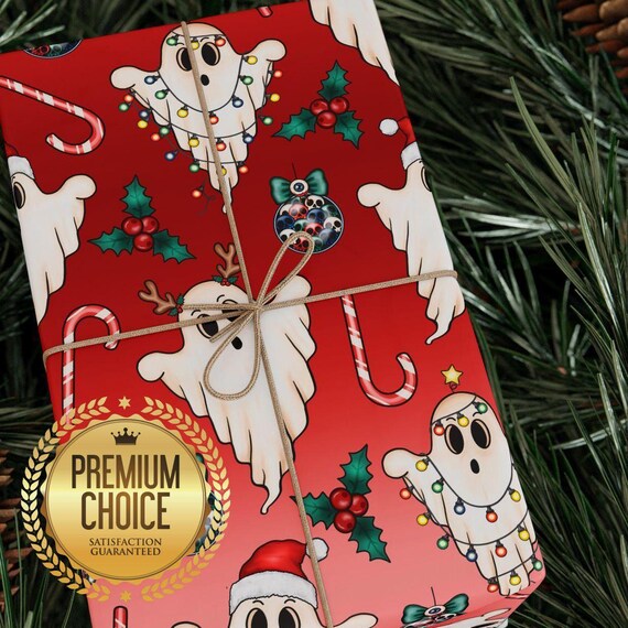 Boo! Christmas Giftwrap for Spooky Presents, Halloween Themed Holiday Gift Wrapping Paper, Red Xmas Ghost Wrapping Paper