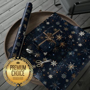 Blue White and Gold Snowflakes Christmas Holiday Winter Wrapping Paper | Abstract Snowflake Themed Christmas Gift Wrap