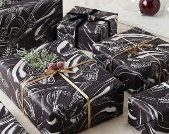 Alien Wrapping Paper, Black And White Horror Gift Wrap in Matte or Glossy Finish