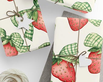 Strawberry Gingham Bow Wrapping Paper: Cottagecore Gift Wrap