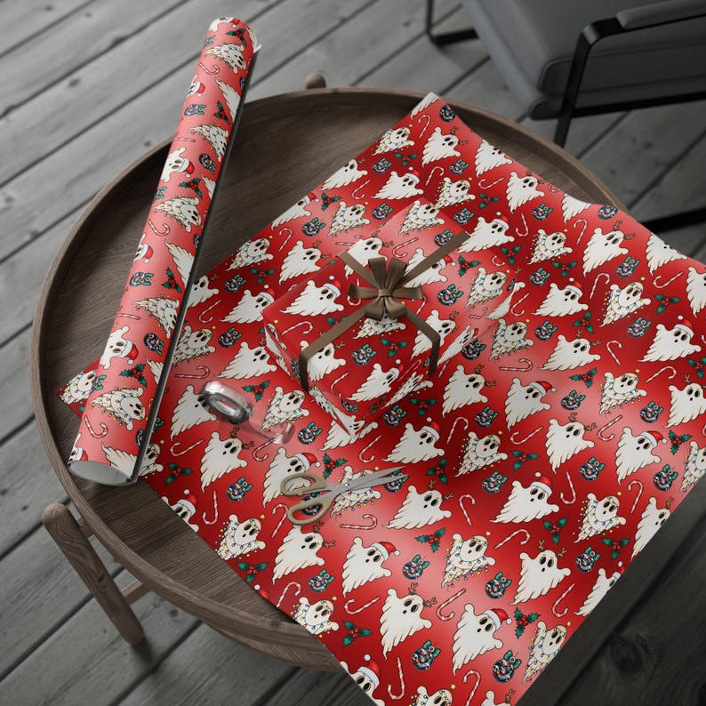 Boo! Christmas Giftwrap for Spooky Presents, Halloween Themed Holiday Gift Wrapping Paper, Red Xmas Ghost Wrapping Paper