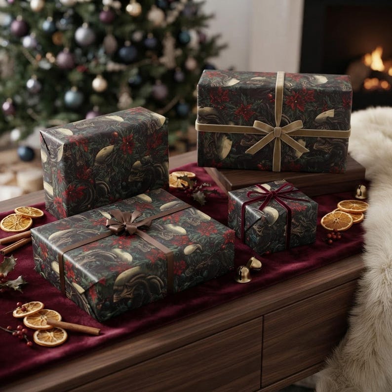 Alien Xenomorph Christmas Wrapping Paper | Sci-Fi Horror Gift Wrap shown in an AI-generated listing photo