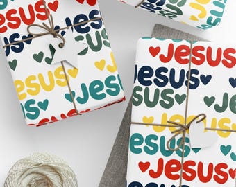 Retro Hearts Jesus Wrapping Paper: Colorful Christian Gift Wrap