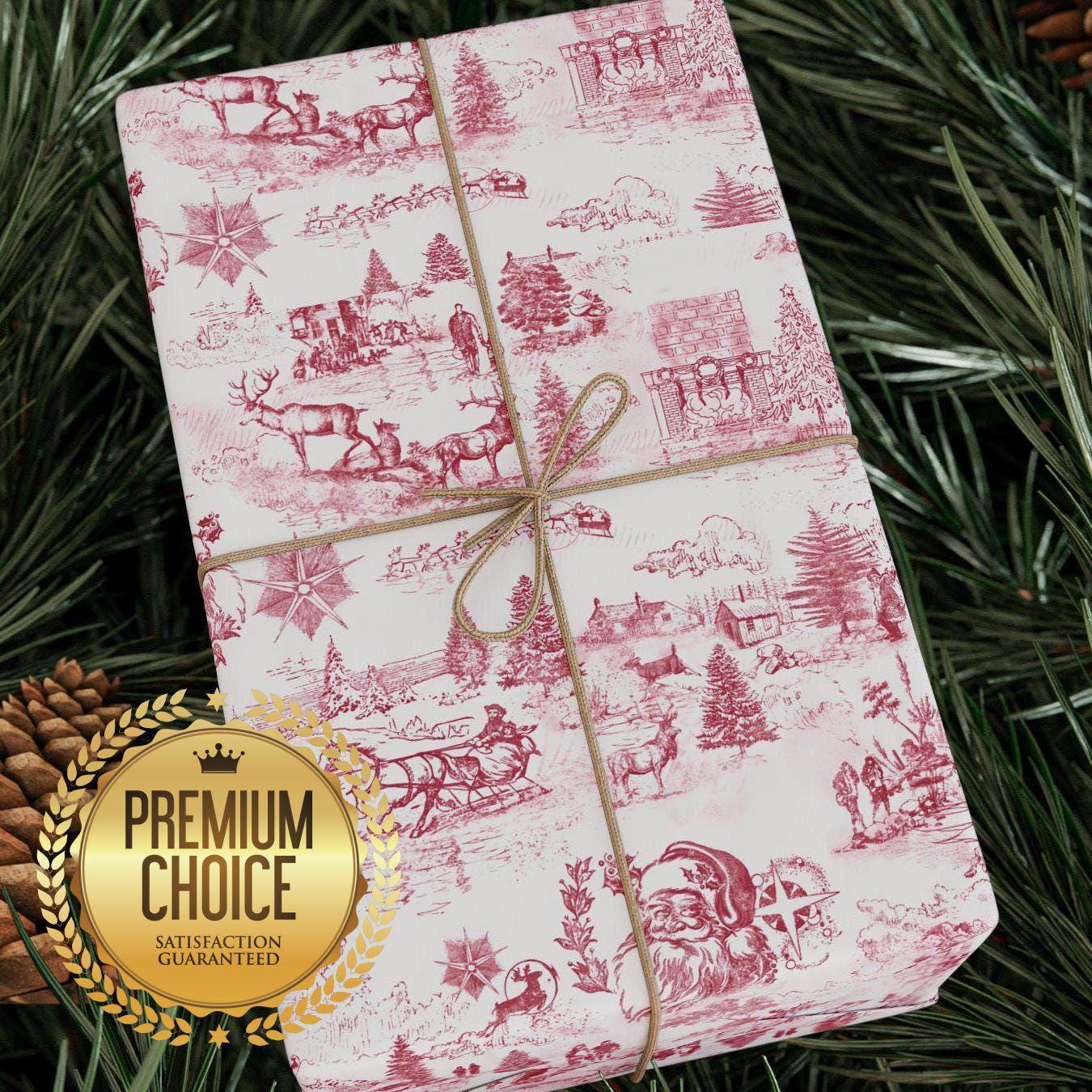 White and Maroon Vintage Santa Claus Toile Style Christmas Wrapping Paper, Red and White Toile Holiday Gift Wrap for Xmas Presents