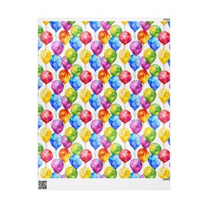 Flat pattern tile showing a repeating watercolor design of colorful balloons in shades of red, blue, yellow, green, and purple on a white background.
