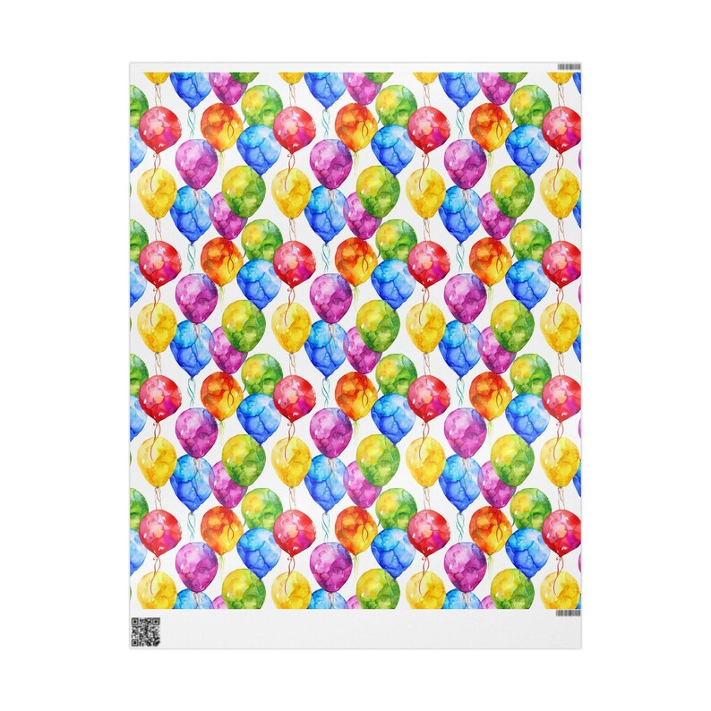 Flat pattern tile showing a repeating watercolor design of colorful balloons in shades of red, blue, yellow, green, and purple on a white background.