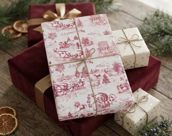 Toile Wrapping Paper, Maroon Christmas Santa Design with Matte or Glossy Finish