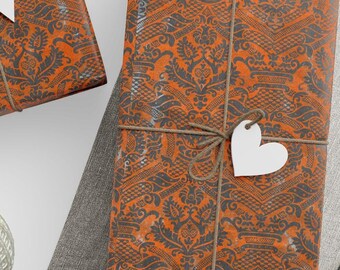 Baroque Damask Halloween Wrapping Paper: Gothic Black & Orange Gift Wrap