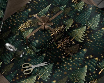 Pine Tree Forest Christmas Wrapping Paper, Green and Gold Holiday Gift Wrap