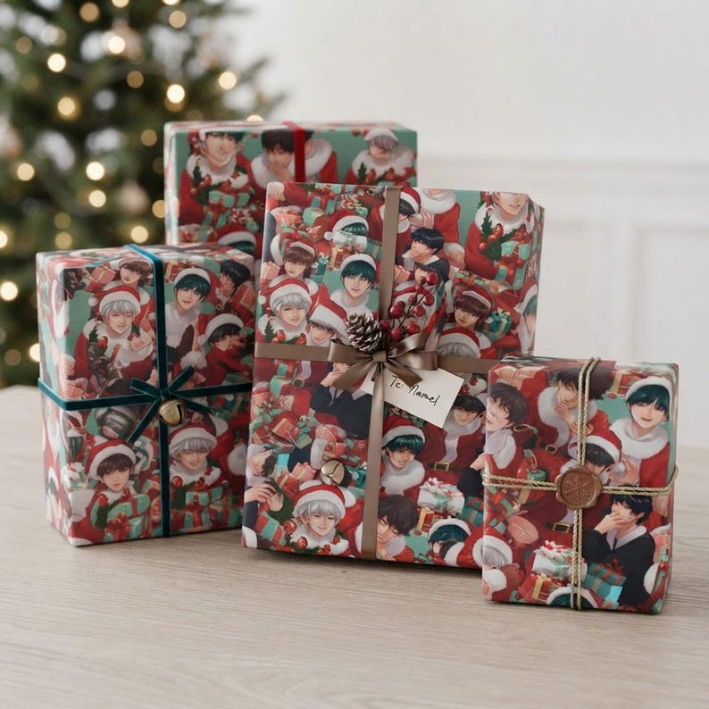 BTS Christmas Wrapping Paper | K-Pop Holiday Gift Wrap shown in an AI-generated listing photo