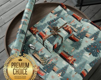 Trains In The Winter Christmas Holiday Winter Wrapping Paper | Train Themed Christmas Gift Wrap