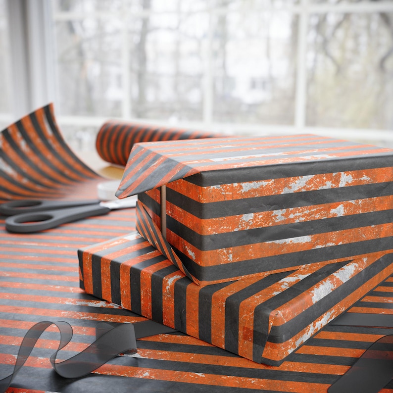 Halloween Striped Wrapping Paper Orange and Black Grunge Gift Wrap Rolls for Spooky Birthday Wrapping, Gothic Parties, or Fall Gifts