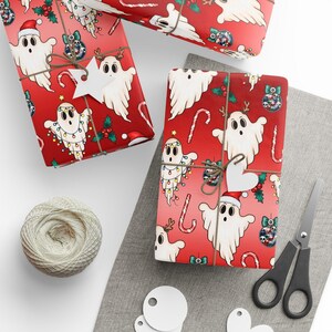 Boo! Christmas Giftwrap for Spooky Presents, Halloween Themed Holiday Gift Wrapping Paper, Red Xmas Ghost Wrapping Paper