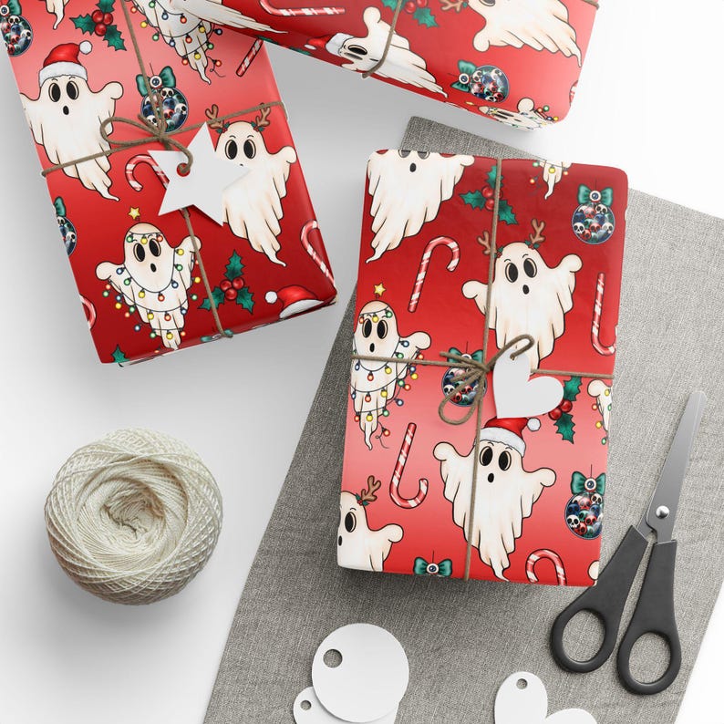 Boo! Christmas Giftwrap for Spooky Presents, Halloween Themed Holiday Gift Wrapping Paper, Red Xmas Ghost Wrapping Paper