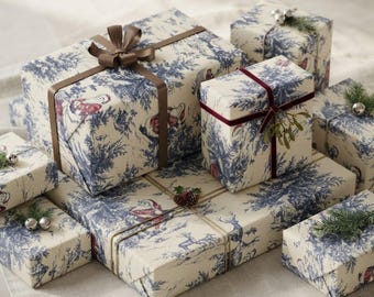 Chinoiserie Christmas Toile Gift Wrap, Blue Santa Design on Recycled Paper