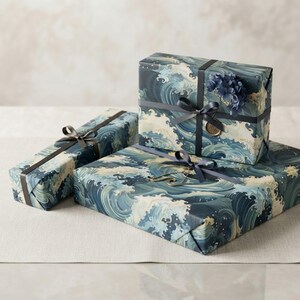 Blue Great Wave Birthday and Christmas Wrapping Paper | Kanagawa Wave Gift Wrap | Ocean Waves Crashing Gift Wrap shown in an AI-generated listing photo