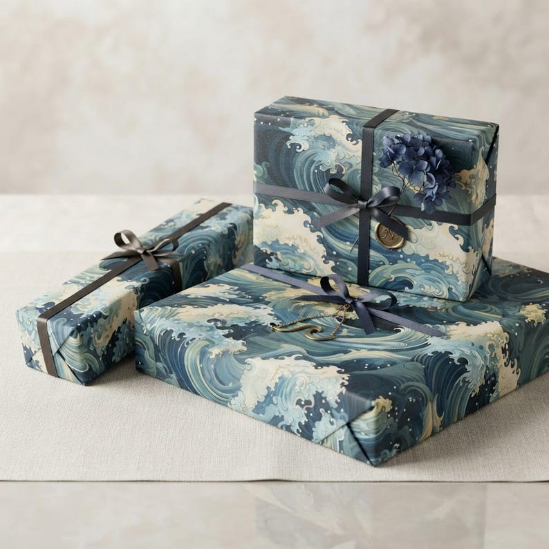 Blue Great Wave Birthday and Christmas Wrapping Paper | Kanagawa Wave Gift Wrap | Ocean Waves Crashing Gift Wrap shown in an AI-generated listing photo