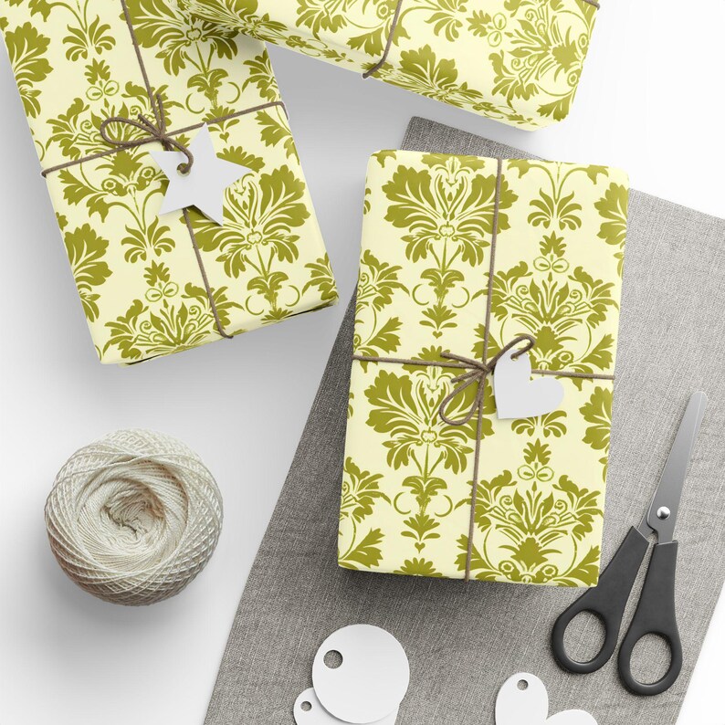 Chartreuse and Cream Ornate Floral Wrapping Paper for Birthdays, Holidays, and Special Occasion Gift Wrap Rolls, Chartreuse Damask Gift Wrap