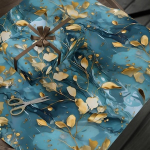 Blue And Gold Marble Wrapping Paper Roll With Metallic Leaf Accents For Elegant Birthday Or Holiday Gift Wrap