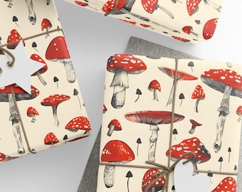 Mushroom Wrapping Paper Red Toadstool Gift Wrap Cottagecore Woodland Aesthetic Nature Themed Birthday or Holiday Gift Wrap