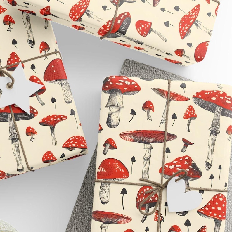 Mushroom Wrapping Paper Red Toadstool Gift Wrap Cottagecore Woodland Aesthetic Nature Themed Birthday or Holiday Gift Wrap