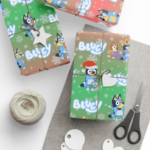 Christmas Bluey and Friends Gift Wrap, Bluey Holiday Wrapping Paper, Santa Hat Bluey Gift Wrap, Winter Bluey Wrapping Paper
