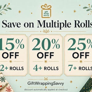 Promotional graphic reading Save on Multiple Rolls with 15 percent off for 2 plus rolls, 20 percent off for 4 plus rolls, and 25 percent off for 7 plus rolls.