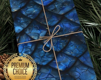 Carta da regalo con motivo a squame di drago blu zaffiro, confezione regalo fantasy