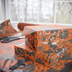 Gothic Halloween Wrapping Paper Black Damask on Orange Grunge Gift Wrap Rolls for Spooky Birthday Wrapping or Elegant Halloween Gifts