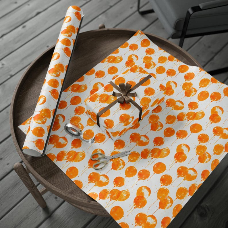 Orange Balloon Watercolor Birthday Wrapping Paper, Boys/Girls Birthday Gift Wrap, Balloon Orange and White Scrapbooking Paper image 4