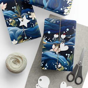Japanese Gift Wrap, 90gsm Navy Floral Wrapping Paper with Matte or Gloss Finish image 2