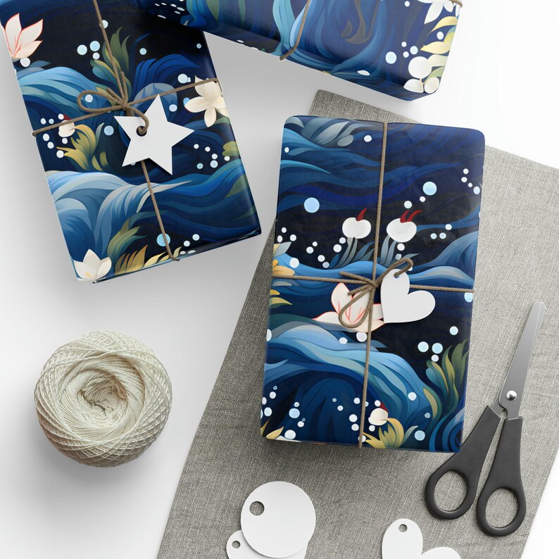 Japanese Gift Wrap, 90gsm Navy Floral Wrapping Paper with Matte or Gloss Finish image 2