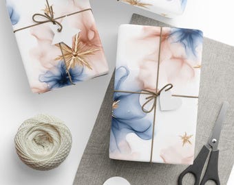Blue and Gold Christmas Wrapping Paper Elegant Holiday Gift Wrap Rolls Luxury Winter Gift Wrap Watercolor Star Design