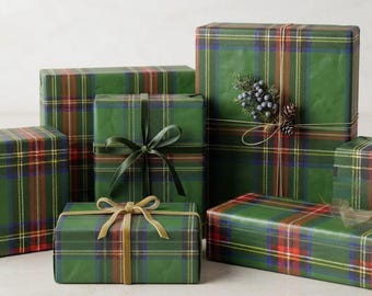 Plaid Wrapping Paper, Green Red Navy Tartan Rolls with Matte or Gloss Finish