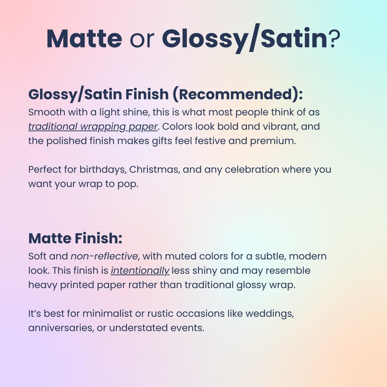 Informational text on a gradient pastel background explains the differences between Glossy or Satin and Matte finishes for wrapping paper.