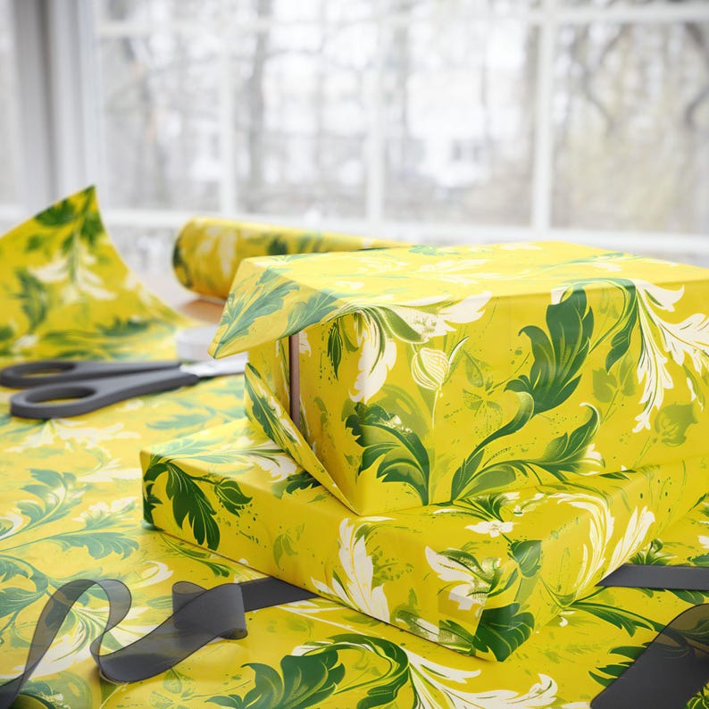 Chartreuse and Green Floral Leaf Wrapping Paper for Birthdays ...
