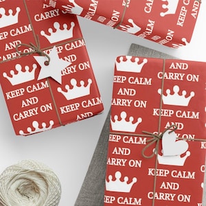 Keep Calm and Carry On Gift Wrap with Red and White British Crown Pattern for Birthday, Holiday, or UK-Themed Wrapping